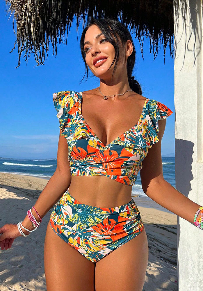 MAËLLE – Bikini-set med omlottopp & hög midja | Bladmönster & smickrande design