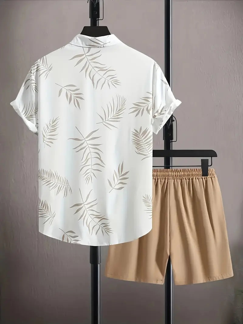 Alex| Tropiskt Sommarset med Bladprint – Skjorta & Shorts för Män